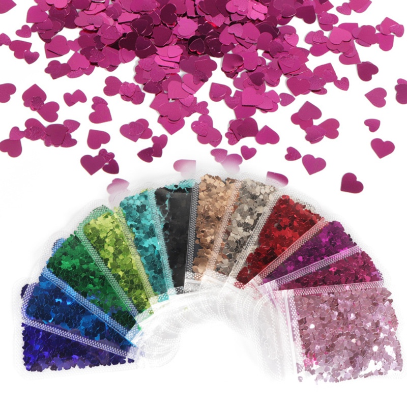 Siy 12warna PET Glitter Flakes Hiasan Nail Art Hati Glitter Flake