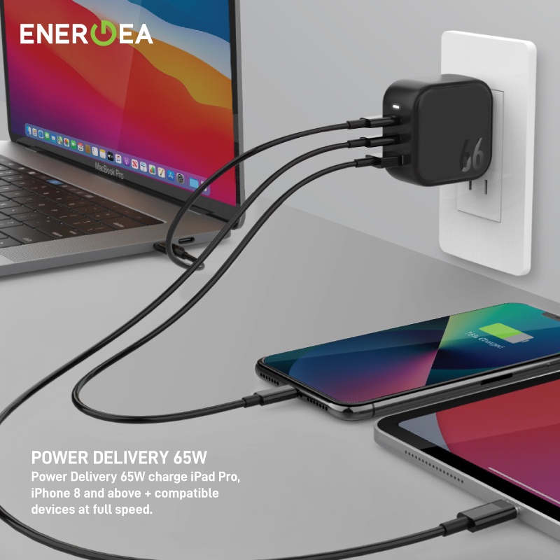 Wall Charger GaN 3in1 USB-C PD 66W + PPS QC.30 ENERGEA Travelite GaN66