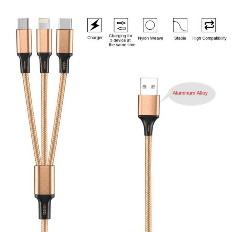 Kabel Data Charger Casan 3in1 USB To Micro TypeC lightning Cable Charging High quality