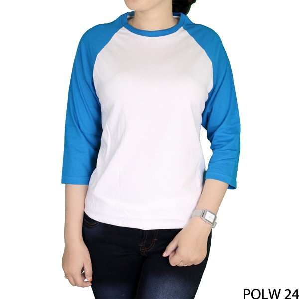 Tshirt Raglan Polos Wanita Cotton Combed S20 Putih Kombinasi Biru – POLW 24