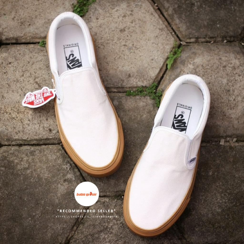 PROMO Vans Slip On White Rubber Gum Premium, Import Quality, Waffle DT Anti Slip, Upper Kanvas Krem, Tag Made in China