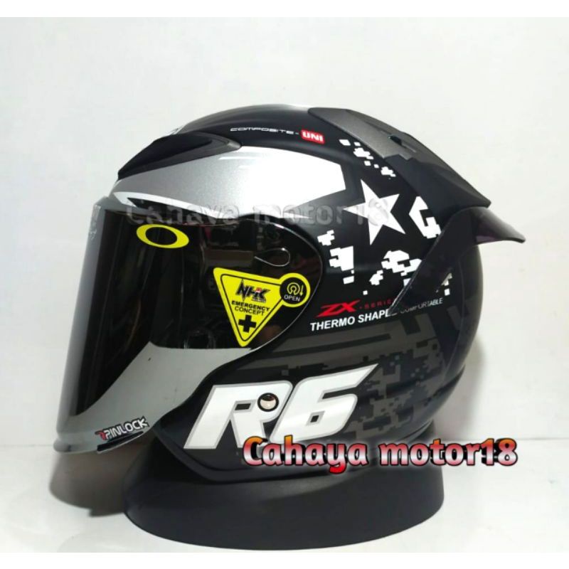 KACA VISOR FLAT NHK R6 IRIDIUM SILVERBLUEGOLD PLUS RACHET + SPOILER + STIKER VISOR