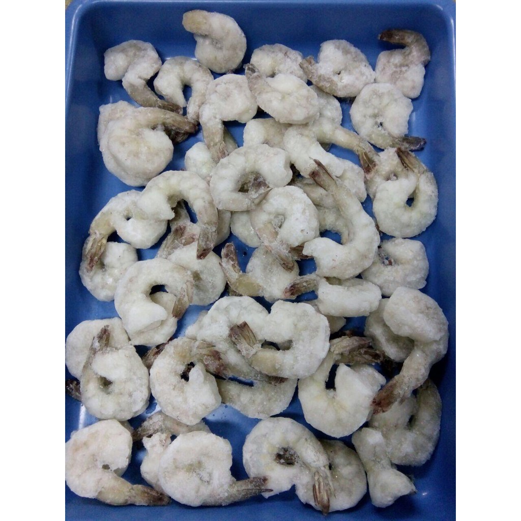 

udang kupas badan ada kulit buntut. udang ekor(pdto) size 31-40 frozen @ 1kg