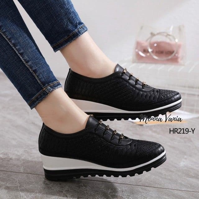 SEPATU WANITA WEDGES MONNA VANIA MODEL TERBARU #HR219-Y SIMPEL ELEGAN - BLACK, 36