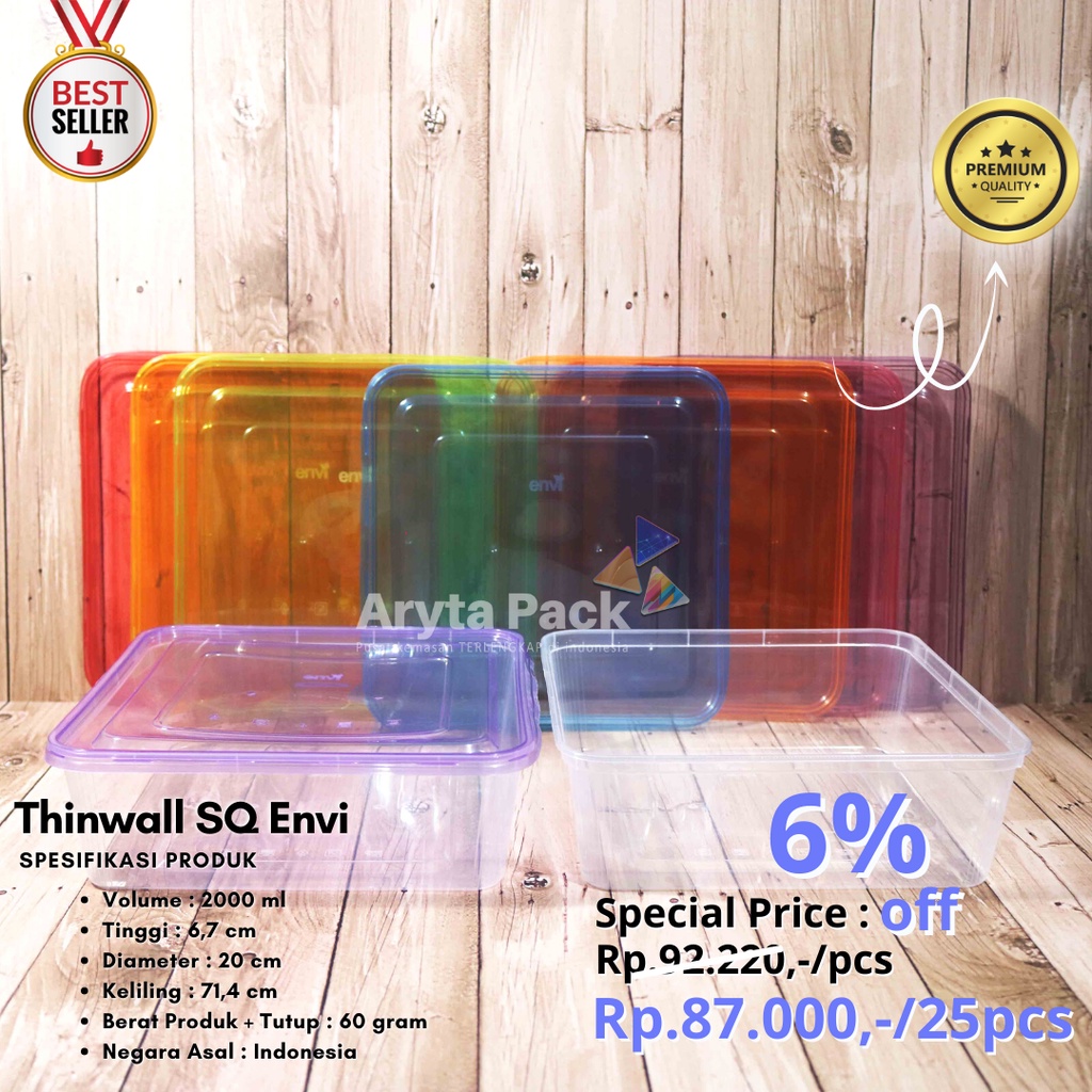 Thinwall kotak makan envi anti pecah SQ 2liter 2000ml tutup warna-warni - per ball 25pcs