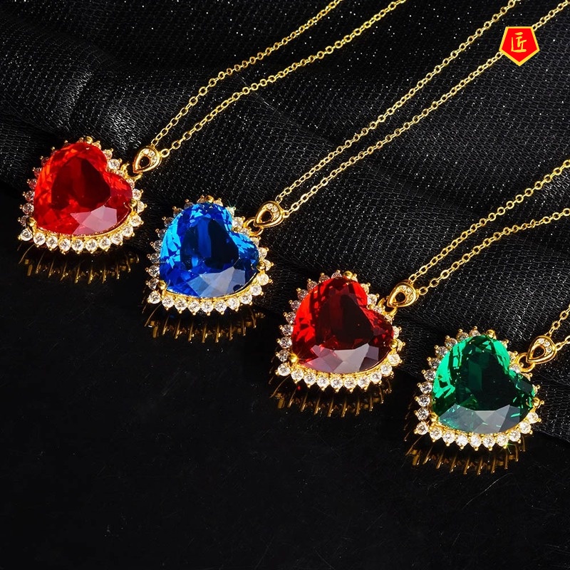 [Ready Stock]18K Gold Heart-Shaped Gemstone Necklace for Women Elegant Fashion