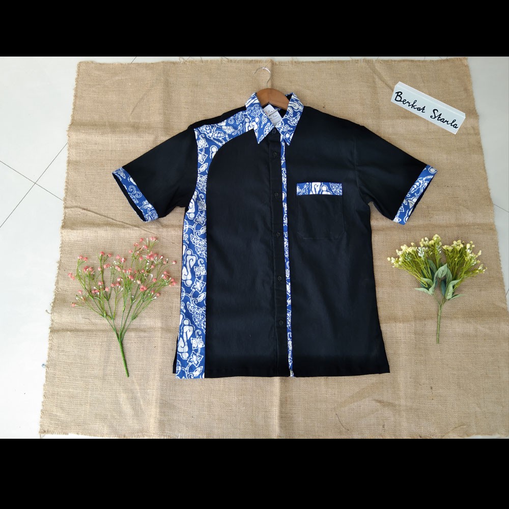 Kemeja Batik Pria/ Hem Batik Pria/ Hem Batik Biru Sewarna Kombi Polos hb17m