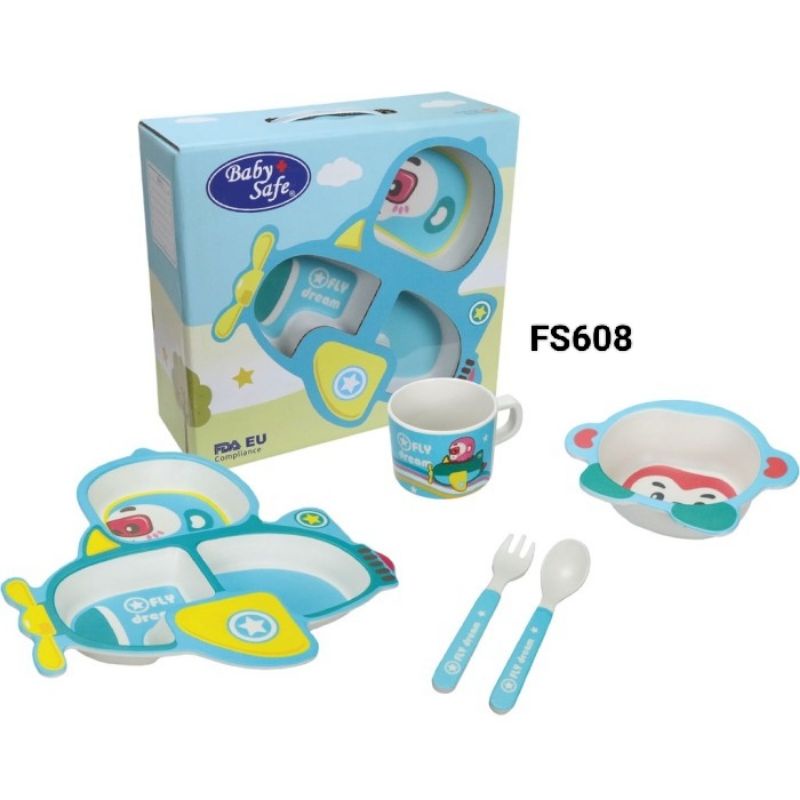 Baby Safe Dino Pesawat Feeding Set - Baby Safe Alat Makan Anak Bayi Lengkap Motif Dino &amp; Pesawat - Gift Newborn - Kado Anak Baru Lahir - Hempers lahiran