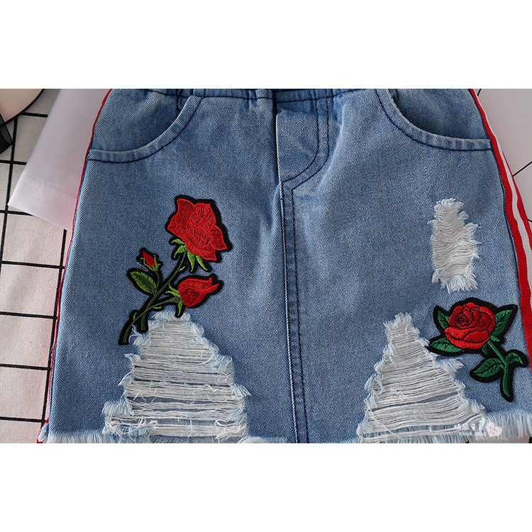 SSP26/67- Setelan Anak Perempuan 2in1 Set Kaos+Rok Jeans Bonjourber Roses