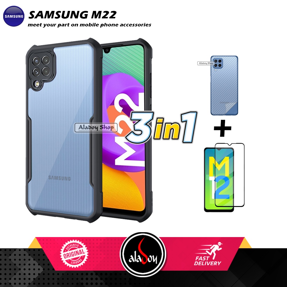 Case SAMSUNG M22 Armor Fushion Transparent Casing + Tempered Glass Full Layar dan Skin Carbon