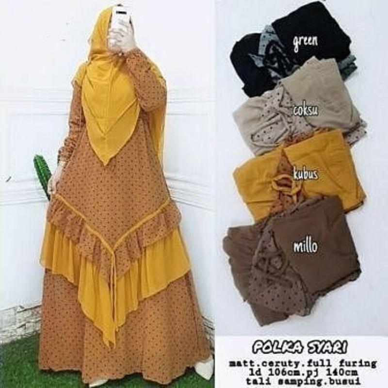 Gamis polka syari (lengkap dengan hijabnya) bahan ceruty full furing