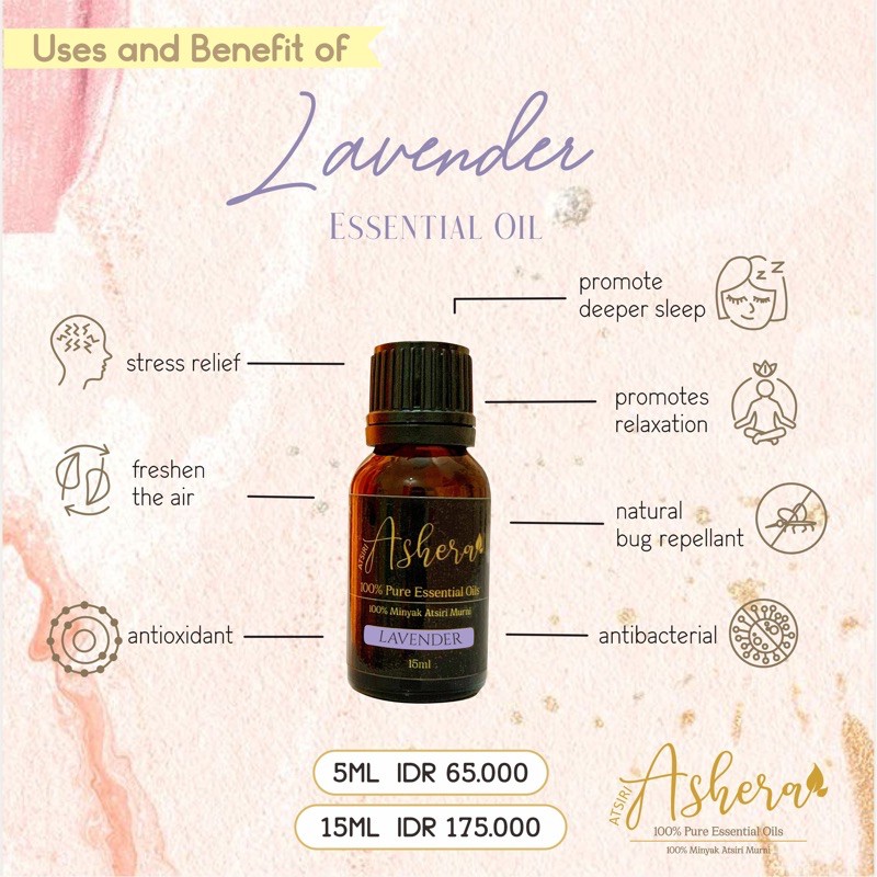 ATSIRI ASHERA LAVENDER / 100% PURE ESSENTIAL OILS / 100% MINYAK ESSENTIAL MURNI / AROMATHERAPY OIL