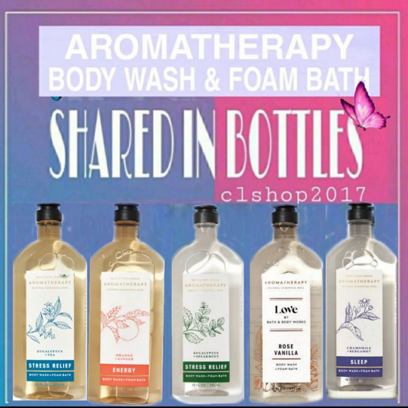 BBW AROMATHERAPY BODY WASH &amp; FOAM BATH LUXURY BATH SHARE IN BOTTLES eucalyptus tea spearmint black chamomile bergamot orange ginger earth fire lavender cedarwood restart charcoal love rose cacao tuberose ylang juniper coriander energy stress relief shared