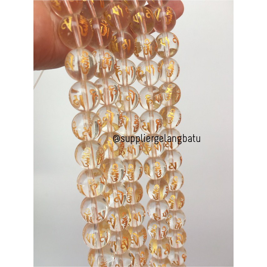 Bongkah Tibet Hoki Putih Clear Quartz 14mm Renceng Bahan Serat Emas 14 Om Mani Padme Hum Korea Akik