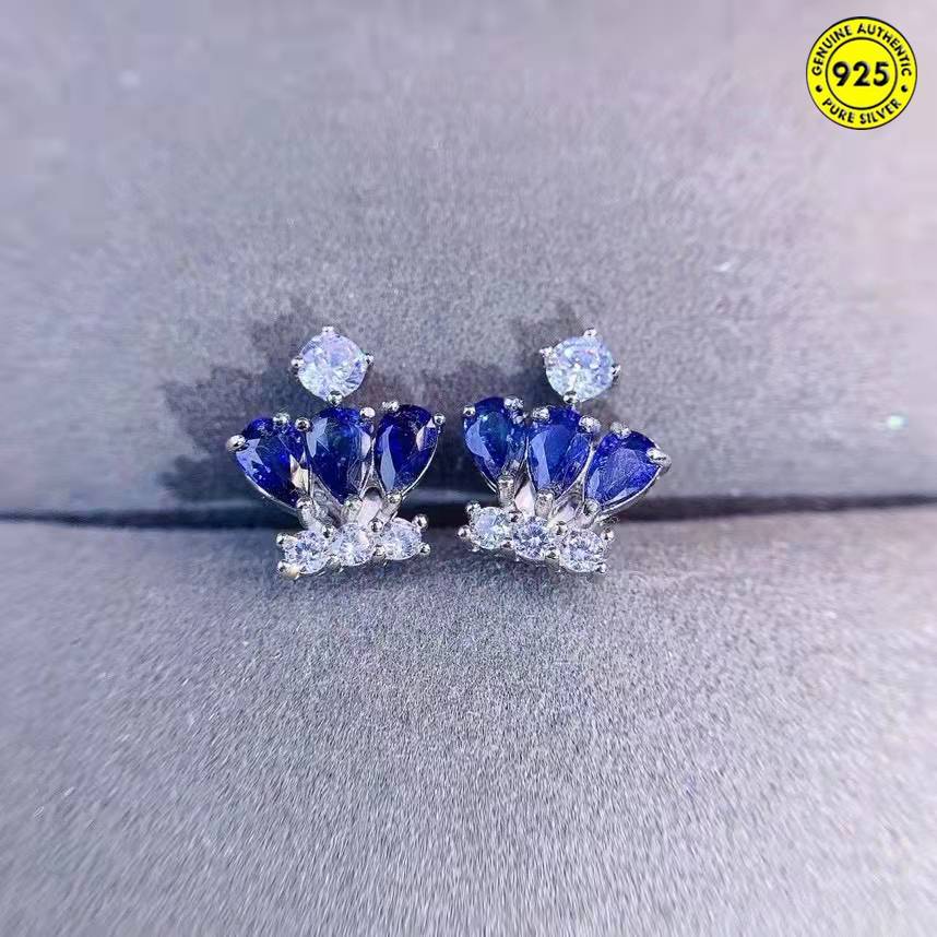 Anting Tusuk Gantung Desain Mahkota Hias Sapphire Biru Gaya Naturalmewah Untuk Wanita