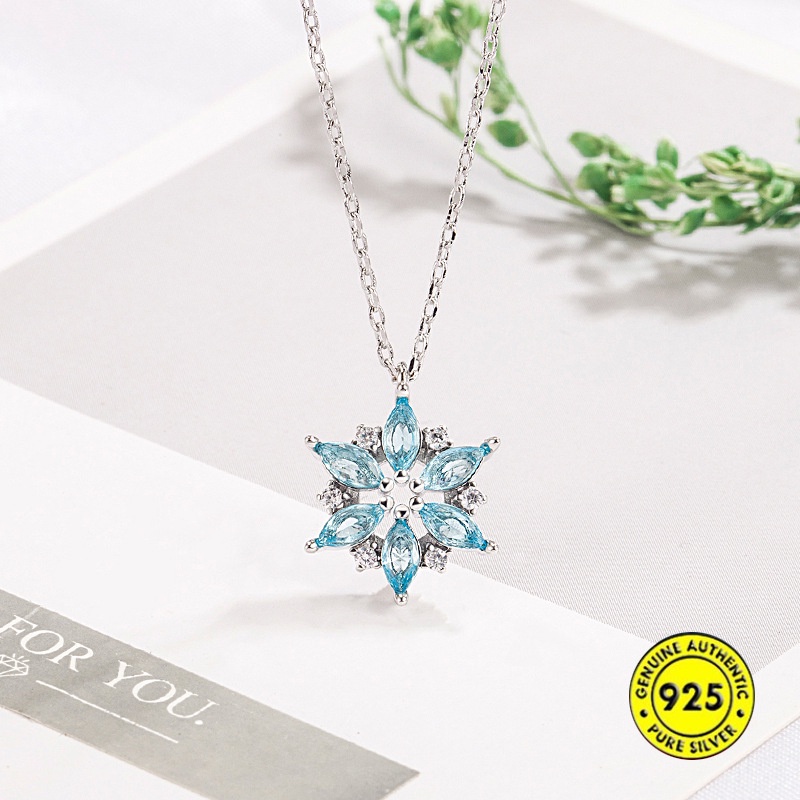 Kalung Rantai Sterling Silver 925 Liontin Snowflake Hias Berlian Biru Untuk Wanita / Musim Panas