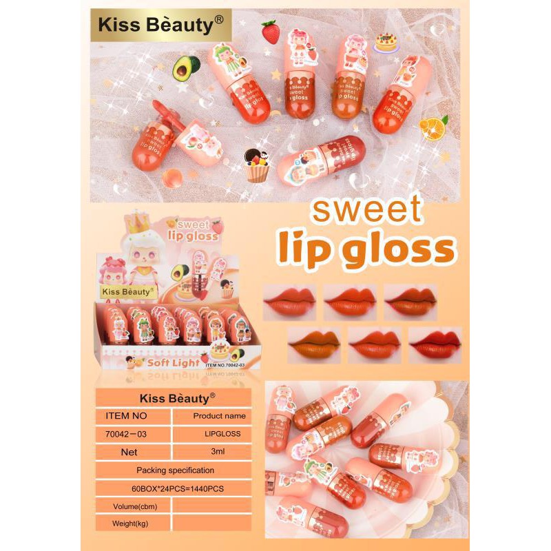 ( 6 PCS ) LIPCREAM MINI SOFT LIGHT SWEET LIP GLOSS 70042-03 KISS BEAUTY