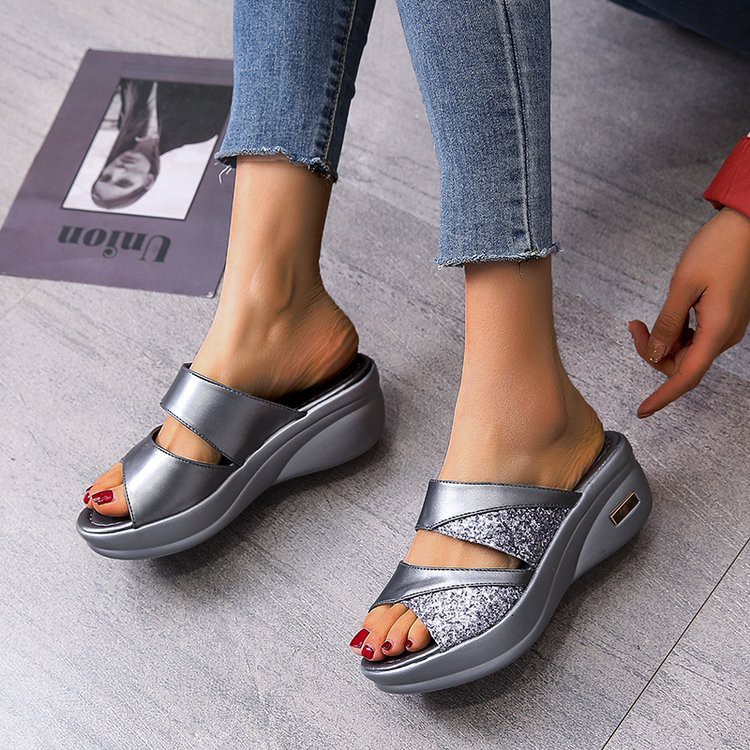 RYS - Glitter Smooth Sandal Wedges Wanita Casual -  Ori Import