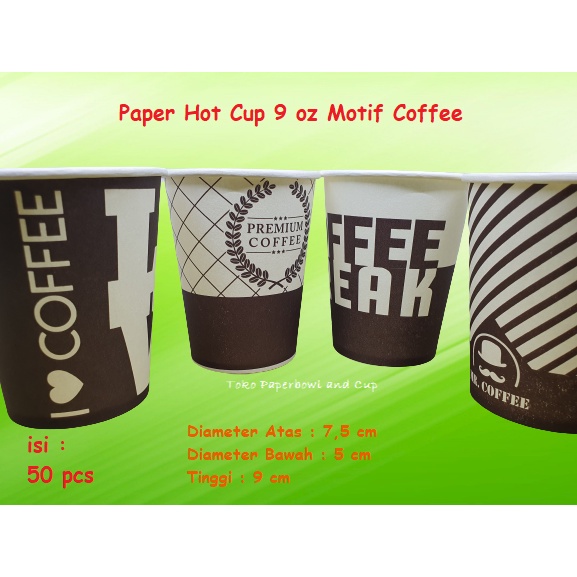 Romia_Rosie Paket Paper Hot Cup Gelas Kertas 9 Oz 210 Ml Motif Coffee + Tutup Hitam / Putih +