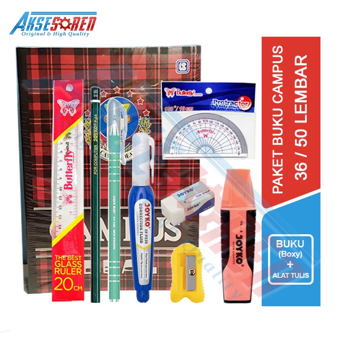 

Perlengkapan Paket Alat Tulis Ujian Sekolah Lengkap Joyko 1 Set / Buku Campus 50 58 Lembar / Buku Tulis Kampus 36 38 Penggaris Butterfly Rautan Pensil 2B Pulpen Jel Penghapus Besar Tipe X Joyko