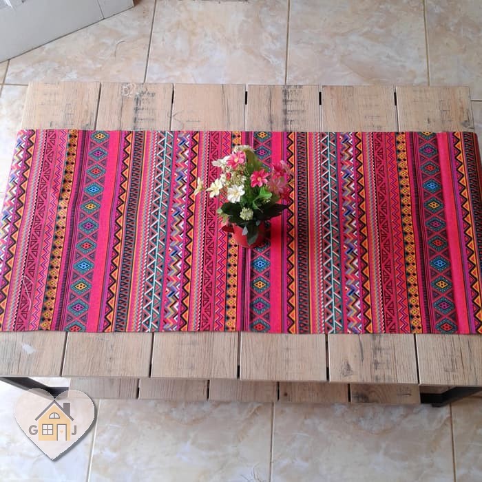 Taplak Meja Makan Bahan Kain Kanvas Linen Tebal Ukuran 150 cm x 40 cm Motif Tribal Pink