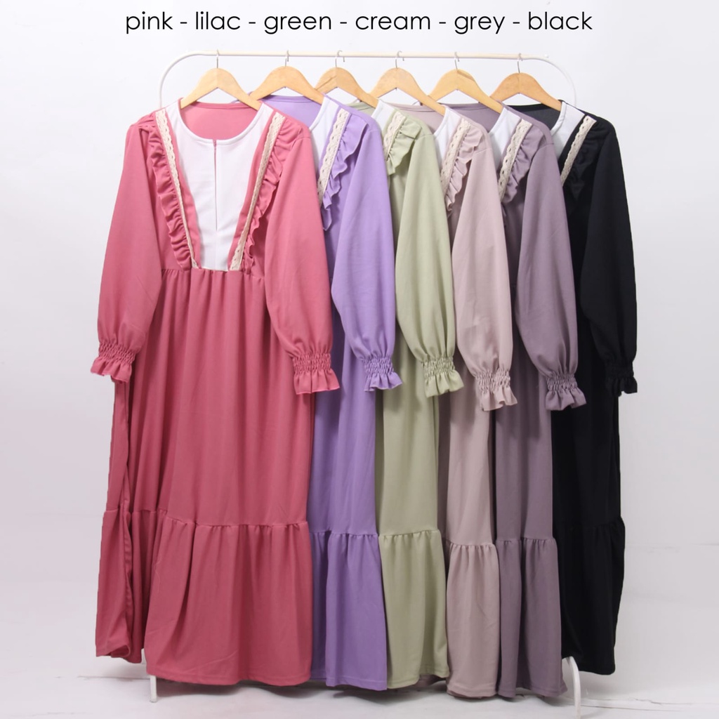Gamis busui ruffle dada renda rempel 2 susun lengan smoked bahan voxy premium merk hf (168)