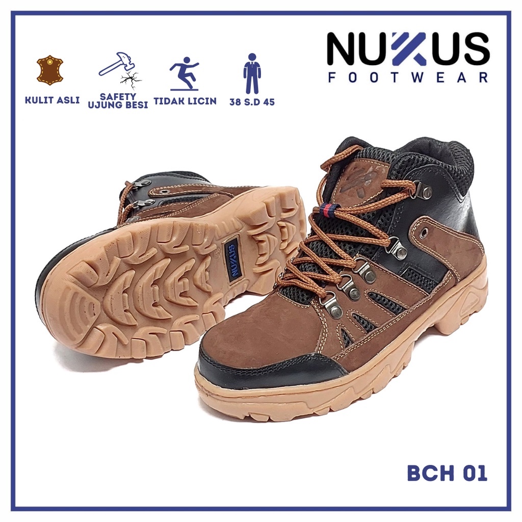 Nukus Footwear Sepatu Safety Shoes Boots High Pria Tali Kulit Sapi Asli Coklat Hitam - BCH 01