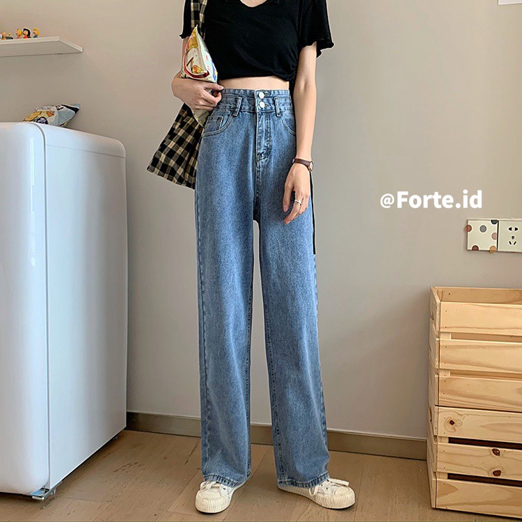 Fashion wanita Korea celana denim high waist jeans celana panjang straight pants loose celana jeans wanita