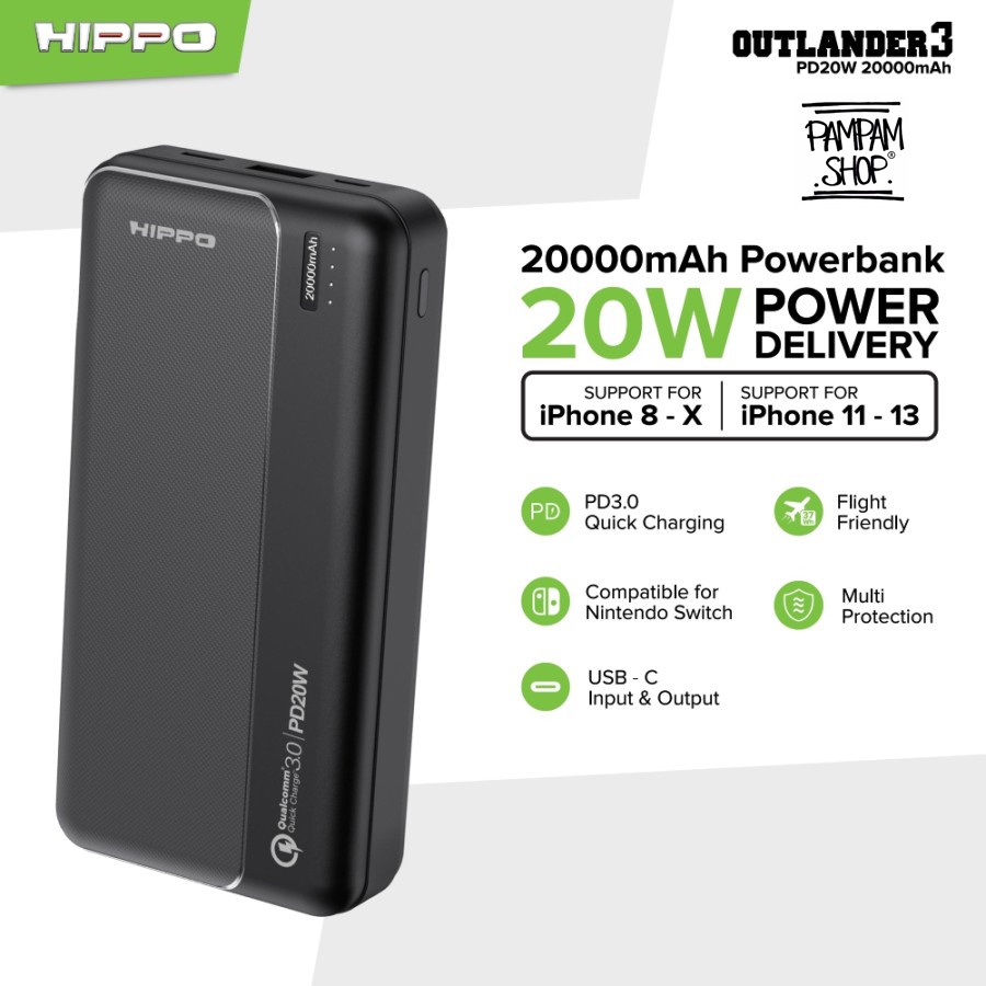 Hippo Powerbank Outlander 3 20000 mAh 20W 3A PD Fast Charging Qualcomm Quick Charge Power Bank Origi