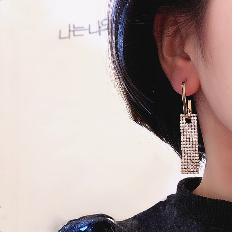 S925 Korea dingin gaya anting-anting wanita penuh diamond anting-anting elegan panjang wajah pelangs