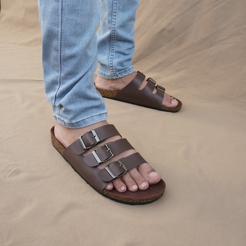 BARU!! Sandal Pria Slop Sandal Briken Sandal Puyuh Laki Walkers Sendal Slide Polos Gesper3 Coklat