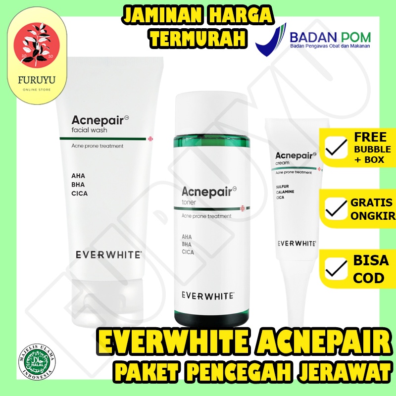 EVERWHITE ACNEPAIR / PAKET PERAWATAN UNTUK JERAWAT / ACNE FACIAL WASH / ACNE TONER / ACNE CREAM