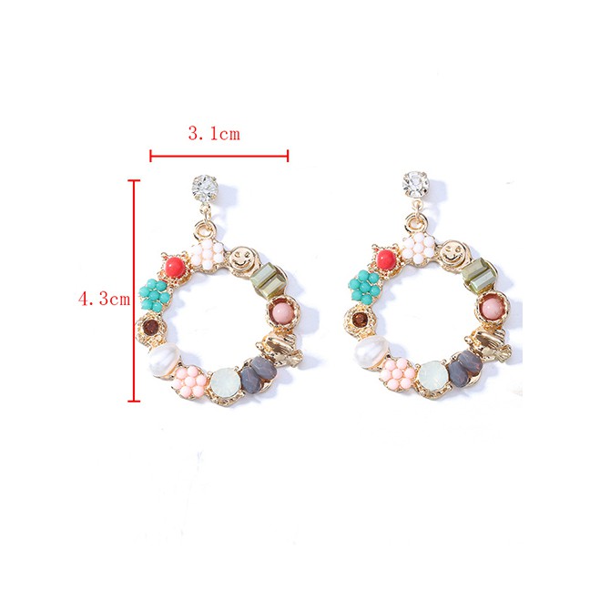 LRC Anting Tusuk Fashion Color Pearl Crystal Flower Circle Earrings F40691