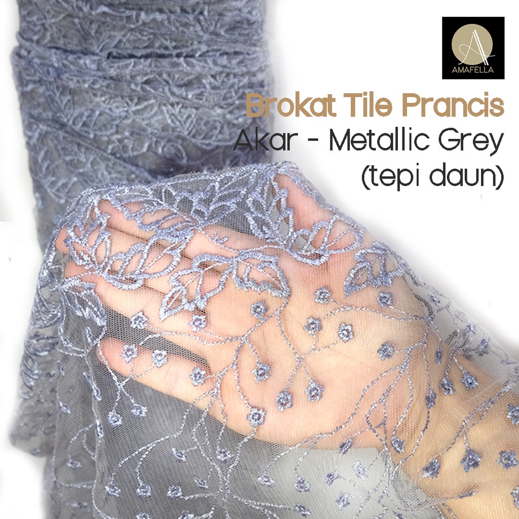 1/2 meter Kain Brokat Brukat Tile Prancis Bahan Kebaya Motif Akar Warna Metallic Grey Abu