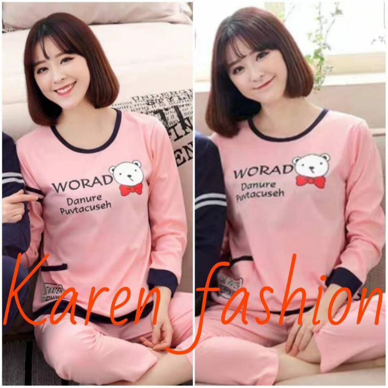 Baju tidur piyama kaos setelan panjang wanita dewasa cewek import WORAD BEAR