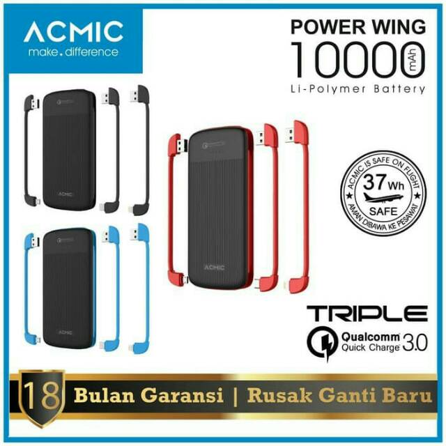 ACMIC Power Wing 10000mAh PowerBank with Triple Quick Charge 3.0- Black-Red, Black-Blue, Black-Black
