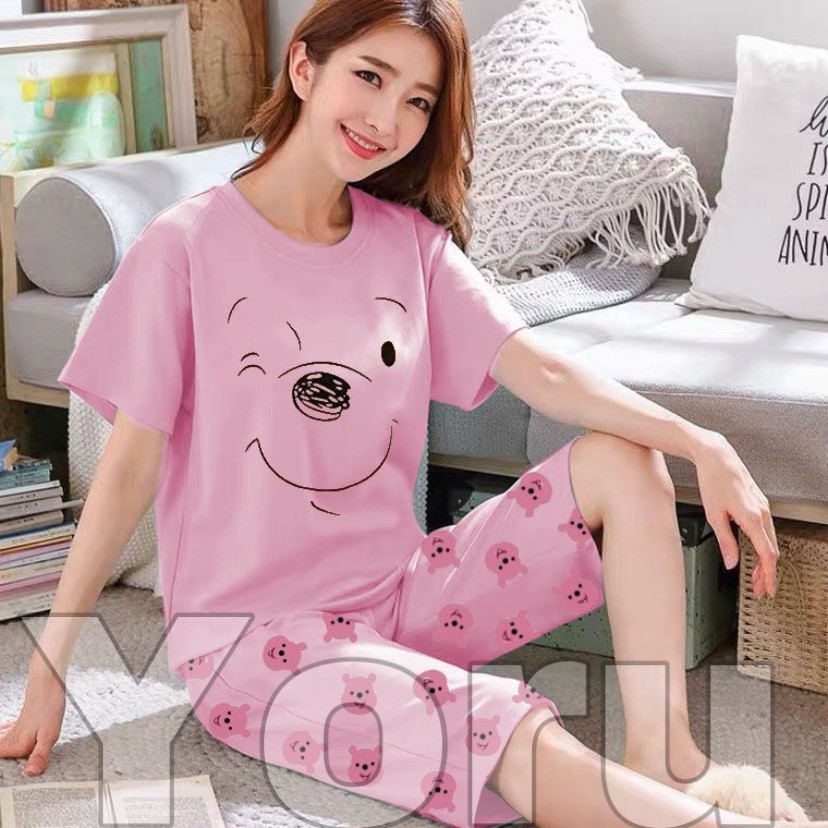 Pamelo.id Stelan C3/4 Baby Doll / Suplier Sleep Wear / Baju Tidur Wanita kaos Katun / Stelan Baju Tidur Murah Produk Terlaris Set HP