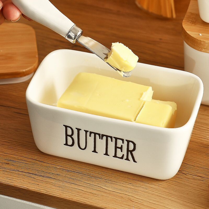 (BOW) Kotak Penyimpanan Mentega Butter Bahan Keramik Butter Storage Dengan Pisau Oles Dan Tutup Kayu