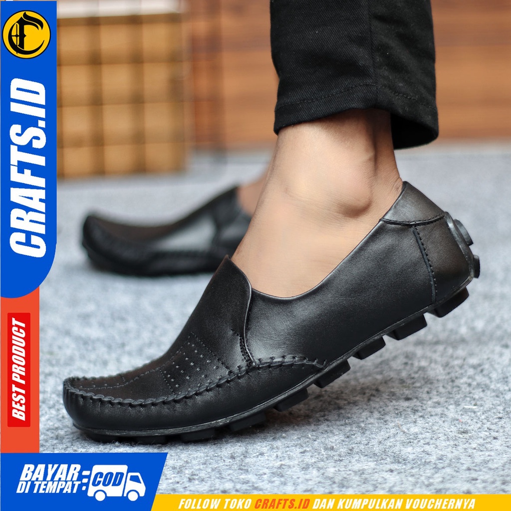 Sepatu Slip On Pria Sepatu Casual Pria Kulit Asli Kerja Kantor Kuliah Kondangan Sepatu Slop Pria Sepatu Hitam Pria CRAFTS GRACKO