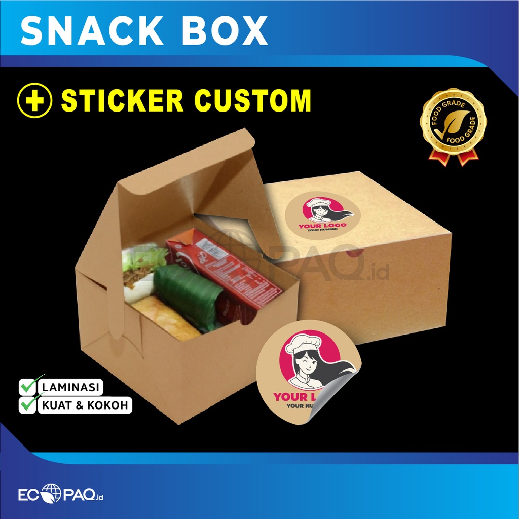 

Paket Combo Box Kotak Dus SNACK BOX + Stiker Logo Custom (50 Set)