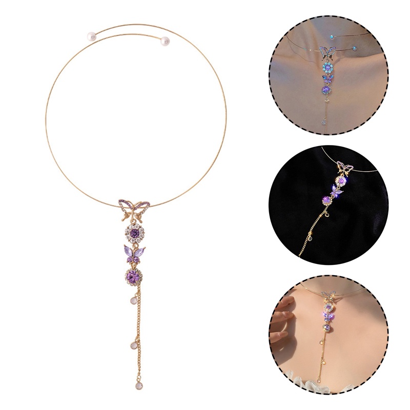 Kalung Choker Rumbai Desain Bunga Kupu-Kupu Aksen Kristal Berlian Imitasi Gaya Bohemian Untuk Wanita