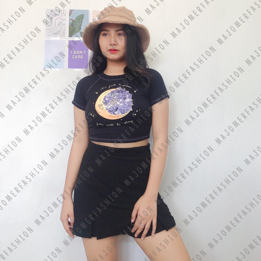 MAJOMER ® | FLOWER MOON RIB CROP TOP - KAOS WANITA CROP LUCU