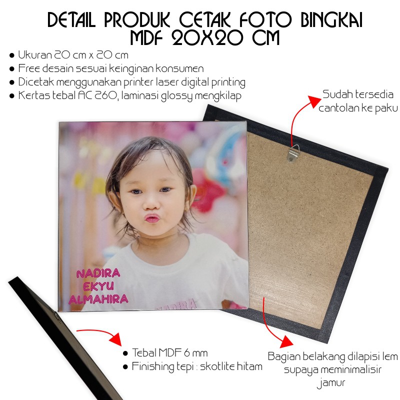 CETAK FOTO BINGKAI MDF PERSEGI 20 x 20 CM / WALL DECOR PERSEGI