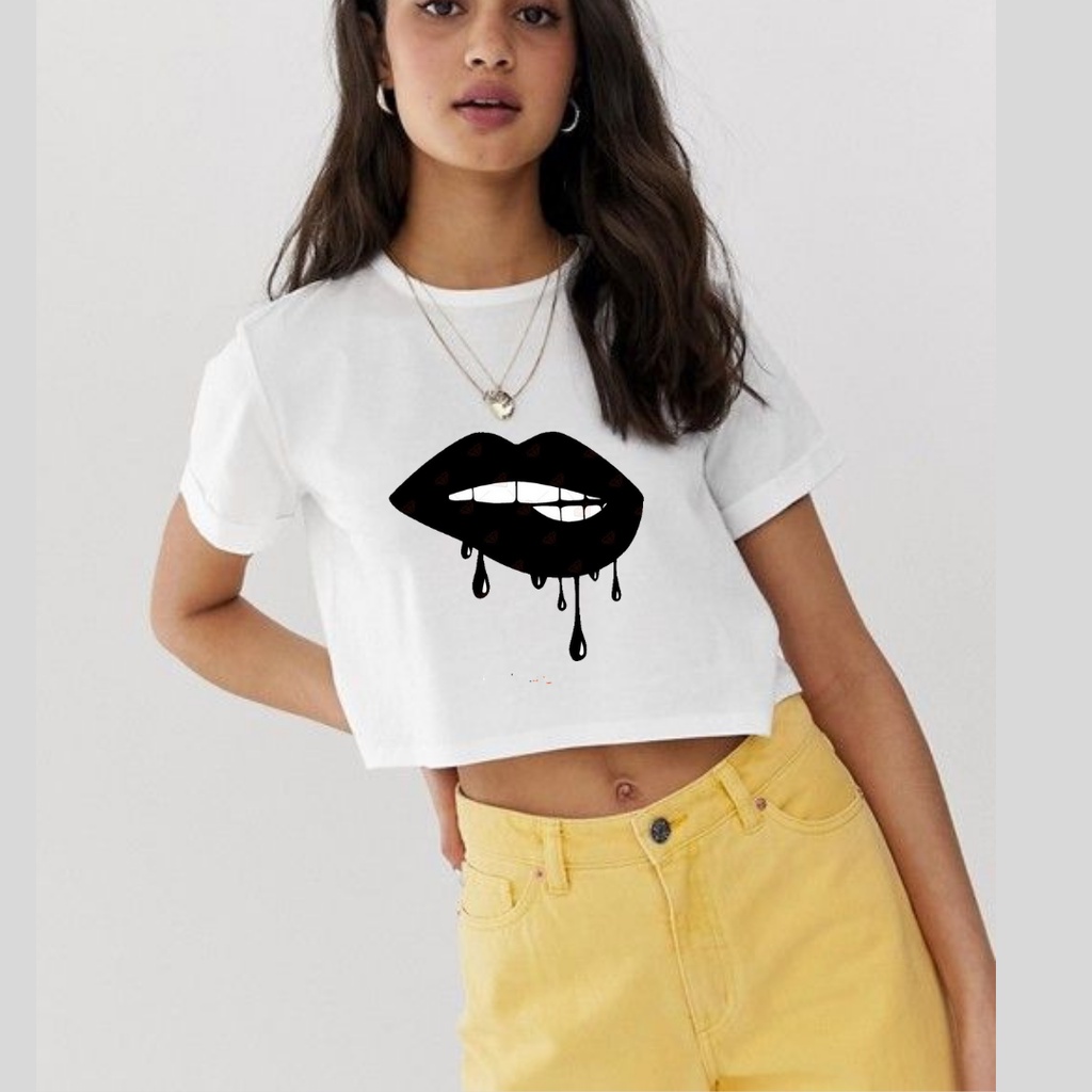 Clothing May - Kaos Crop Sexy Lips Kaos Distro Croptop Atasan Krop Top Wanita Cewek Viral