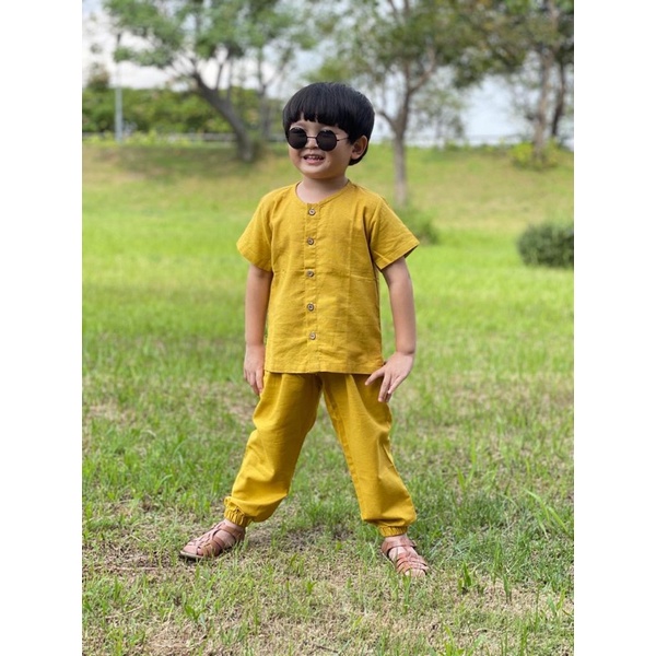 Set Raka Unisex Setelan Anak Bahan Linen Celana Joger Neeca Kiddos Size 2,4,6,8,10 Tahun