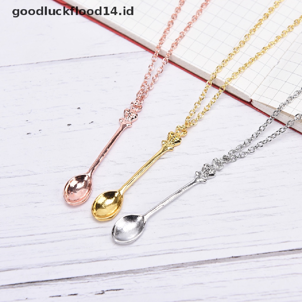 [OOID] Fashion Women Tiny Tea Spoon Crown Pendant Necklace Alloy Chain Charm Jewelry ID