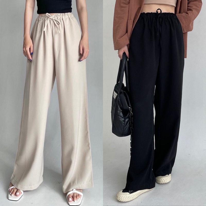 SIVALI KIYO PANTS | Celana Kulot Highwaist Wanita Pinggang Full Karet - Loose Pants Anti Kusut - Celana Bahan Kantor