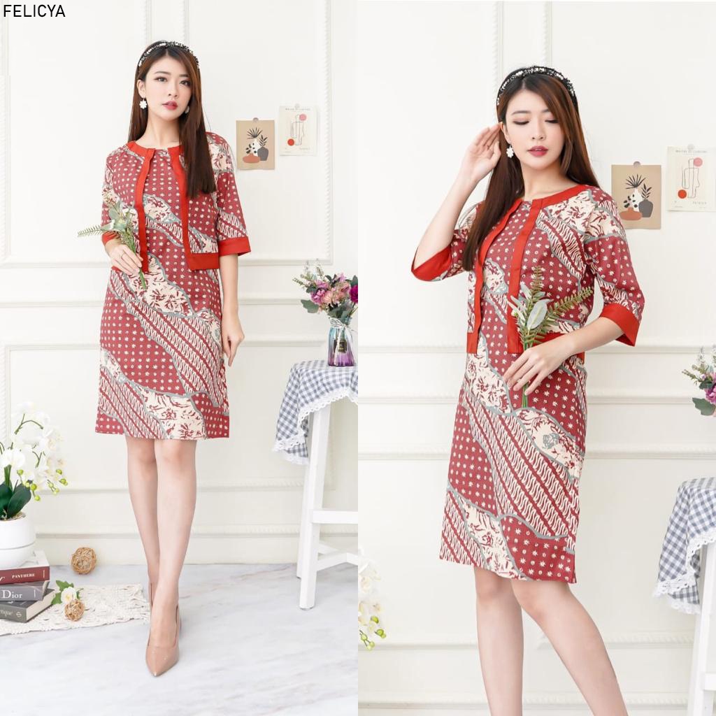 Evercloth Felicya Dress Batik Wanita Dress Wanita Terusan Batik Couple Blazer 3/4 Luaran Outer Seragam Family Set Gaun Batik Kerja Sarimbit