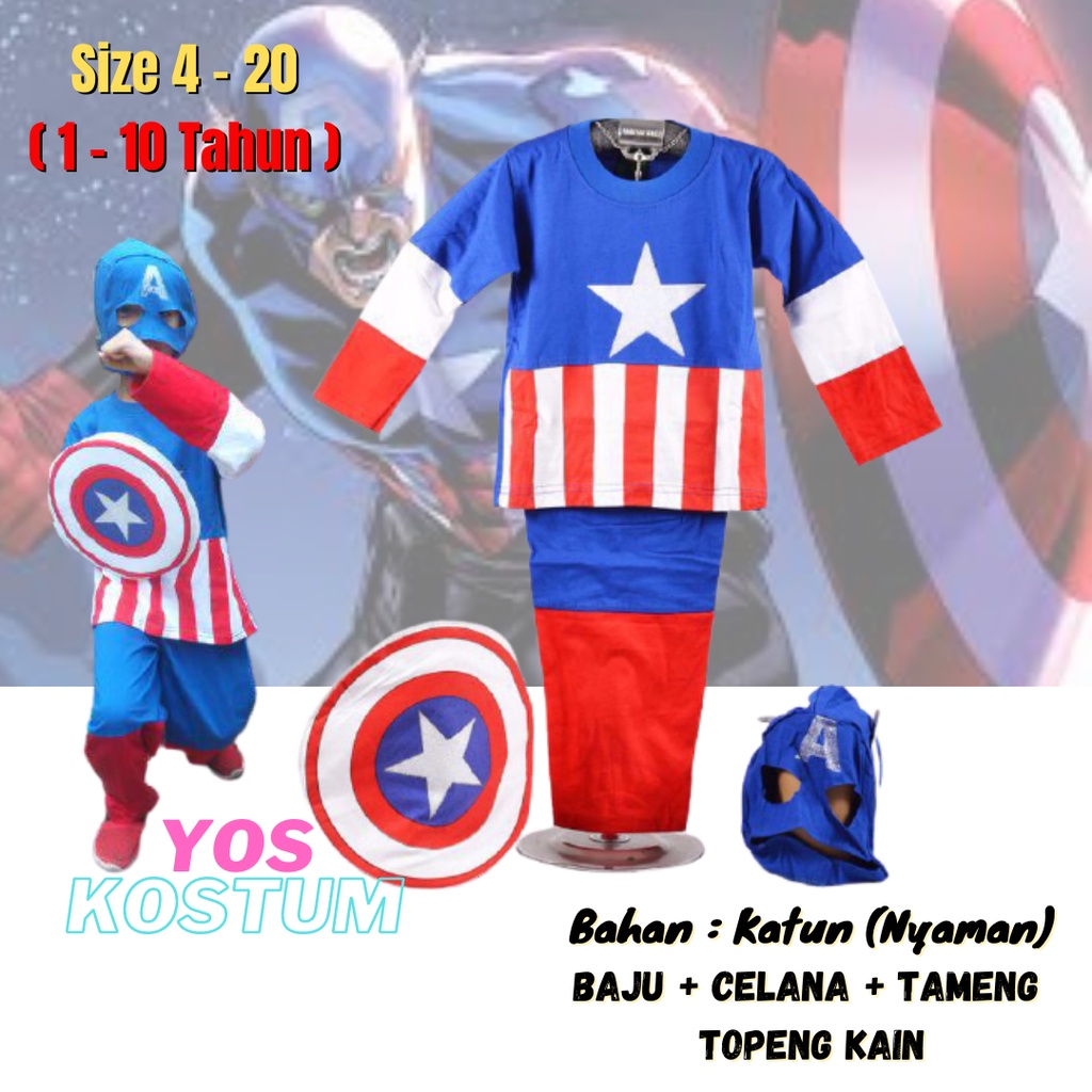 Kostum Superhero Anak Captain America Baju Setelan Panjang Laki-Laki Topeng Tameng