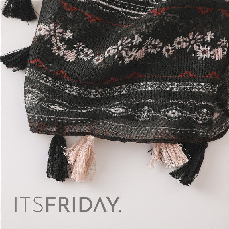 ITSFRIDAY AZURA Scarf  - Premium Pashmina Shawl Selendang Syal Pasmina Hijab Import Motif Oat Black Tassel